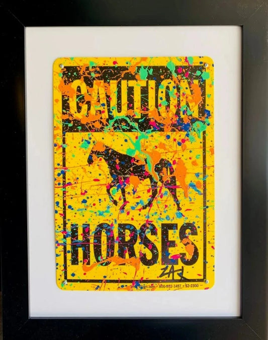 E.M. Zax Hand painted metal street sign "CAUTION HORSES"