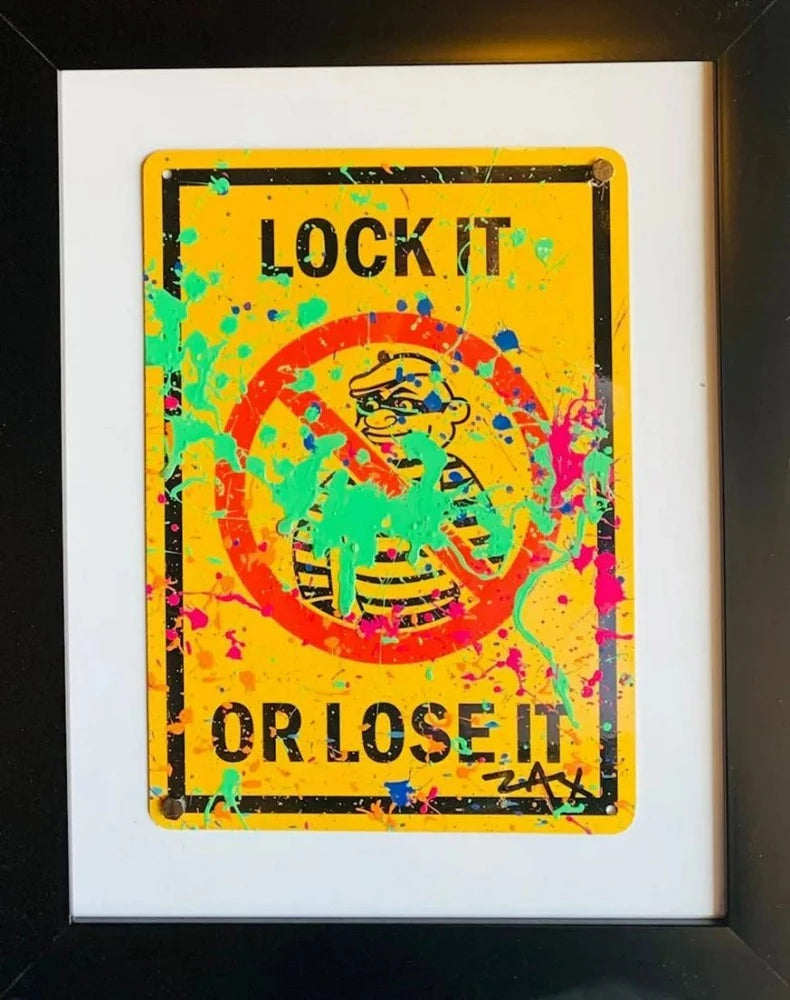 E.M. Zax Hand painted metal street sign "Lock It .."